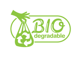 Biodegradable eco plastic - bag in hands with recyclabe symbol - isolated stamp 