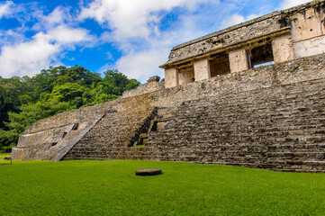 Close view of the Palace of Palenque, was a pre-Columbian Maya civilization of Mesoamerica. Known...
