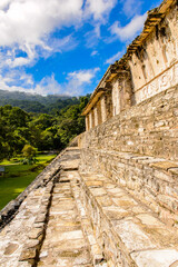 Close view of the Palace of Palenque, was a pre-Columbian Maya civilization of Mesoamerica. Known as Lakamha (Big Water). UNESCO World Heritage