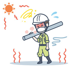 炎天下でマスクを付けて働く男性作業員のイラスト