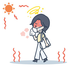 炎天下、マスクを付けて通勤する女性のイラスト