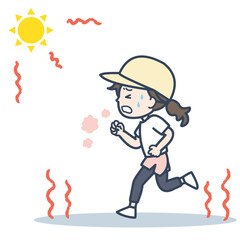 炎天下、ランニングする女性のイラスト