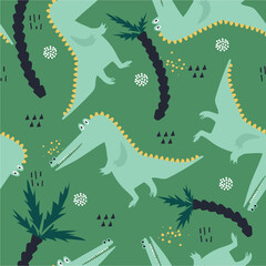 Crocodiles, palm trees, hand drawn backdrop. Colorful seamless pattern with animals. Decorative cute wallpaper, good for printing. Overlapping background vector. Design illustration, reptiles