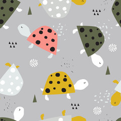 Turtles, hand drawn backdrop. Colorful seamless pattern with animals. Decorative cute wallpaper, good for printing. Overlapping background vector. Design illustration, reptiles