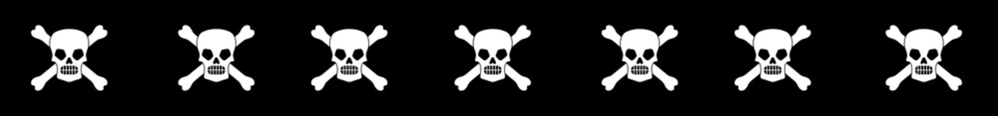 Long web seamless banner with wicked skull and crossbones silhouettes on black background. Vector illustration.