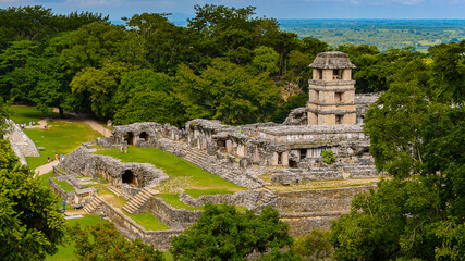 Aerial Panorama of Palenque archaeological site, a pre-Columbian Maya civilization of Mesoamerica. Known as Lakamha (Big Water). UNESCO World Heritage