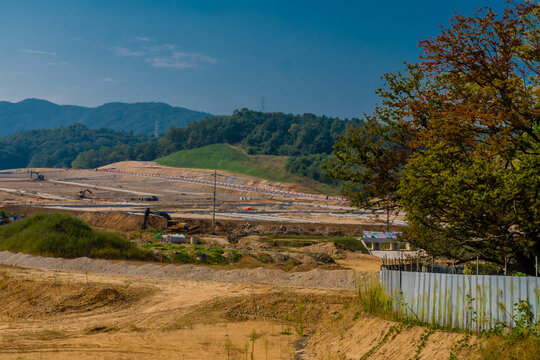 Landscape of site of new large construction construction project.