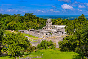 Aerial Panorama of Palenque archaeological site, a pre-Columbian Maya civilization of Mesoamerica. Known as Lakamha (Big Water). UNESCO World Heritage - obrazy, fototapety, plakaty