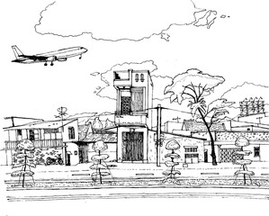 passenger plane flies over the city, schedule, sketch, east