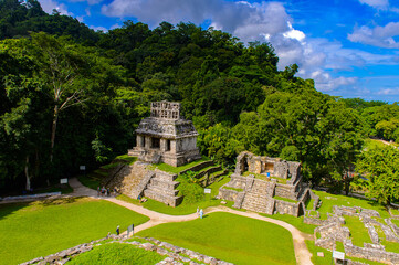 Aerial Panorama of Palenque archaeological site, a pre-Columbian Maya civilization of Mesoamerica....