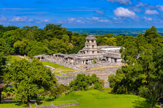 Aerial Panorama of Palenque archaeological site, a pre-Columbian Maya civilization of Mesoamerica. Known as Lakamha (Big Water). UNESCO World Heritage