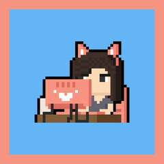Pixel art cartoon woman character working at home with cat ears.