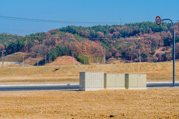 Metal utility stations at new rural construction site.