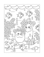 Coloring page with cartoon underwater scene and two anemones, starfish, algae, fish, waves 
