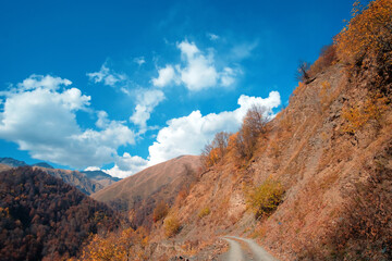 Route in the mountains with yellow and orange trees and blue cloudy sky background