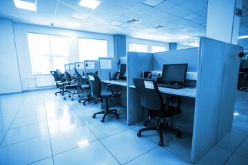 workplace with computer and headphone in a call center. vacancies after a pandemic. work as an assistant in working with applications