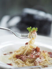 Spaghetti Carbonara fork spool Pull up on white plate 