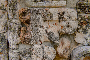 CLose view of the architecture of Uxmal, an ancient Maya city of the classical period. One of the...