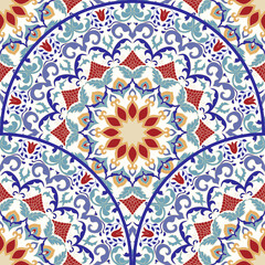 Seamless colorful patchwork in turkish style. Vintage decorative elements. Hand drawn background. Islam, Arabic, Indian, ottoman motifs. Perfect for printing on fabric or paper. Vector illustration