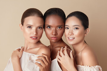 Beauty. Portrait Of Diversity Models. Mixed Race, Asian And Caucasian Girls Hugs Each Other And...