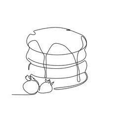 Two strawberry alongside pancakes with maple syrup. Continuous one line drawing art vector illustration