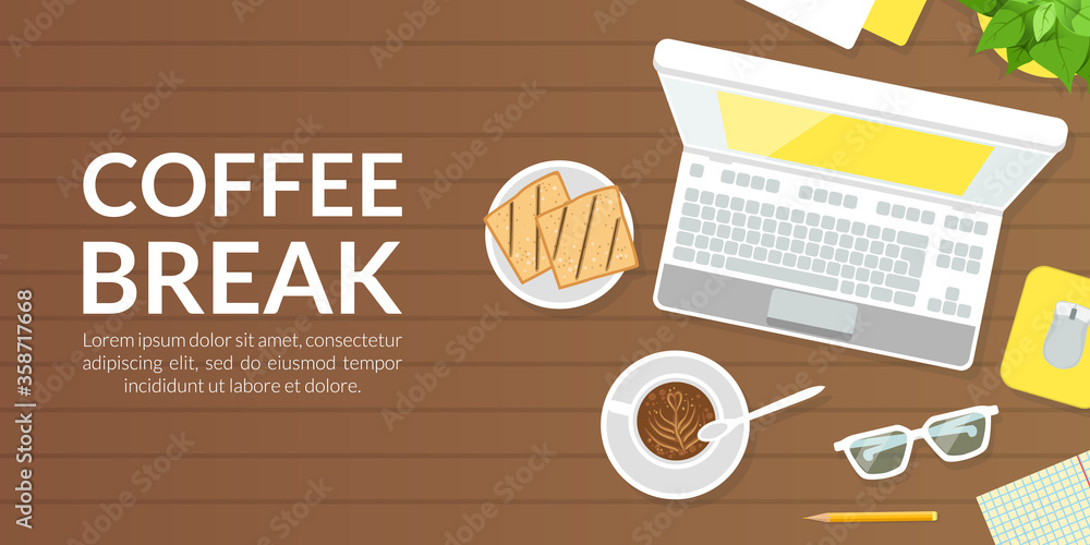 Wall mural coffee break banner template, top view of laptop computer, coffee cup and toast on wooden surface ve