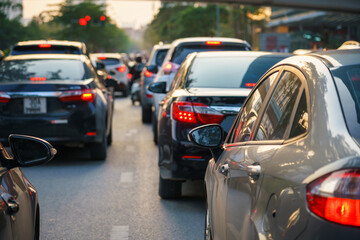 Car traffic jams in the city at rush hour