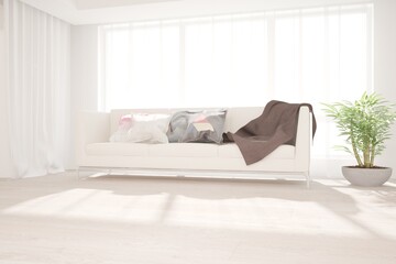 Fototapeta na wymiar modern room with sofa,pillows and plants interior design. 3D illustration