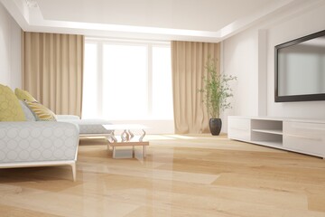 Fototapeta na wymiar modern room with tv set,sofa,pillows and brown curtains interior design. 3D illustration