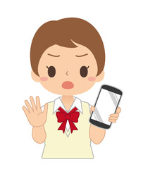 NOサインでスマートフォンを持つ女子学生