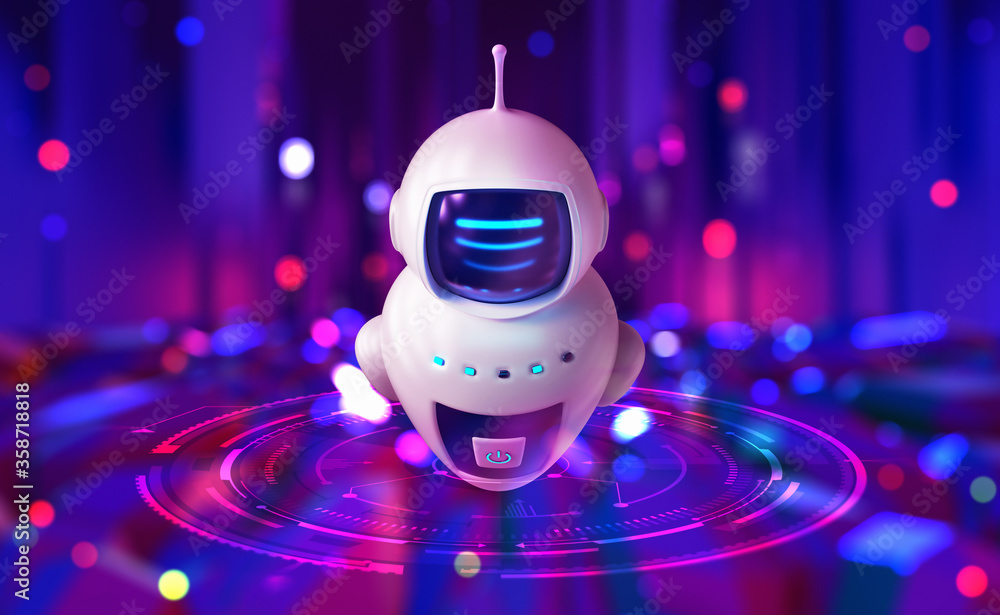 Poster Robot, chat bot, android and digital evolution of robotics. Future processor development technologies. 3D illustration of quantum cyberspace. AI and global data