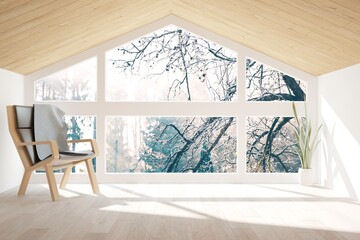 modern attic room with natural background in windows interior design. 3D illustration