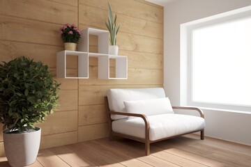 modern idea of corner with sofa,plants and shelves with flowers interior design. 3D illustration
