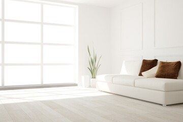 modern room with sofa,pillows and plants in pots interior design. 3D illustration