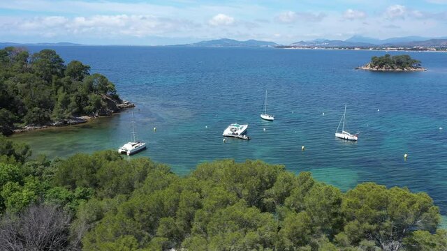France, Cote d'Azur, Aerial view of Cap Leoube and Estagnole beach located near Bormes les mimosas,