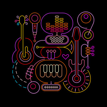 Neon colors isolated on a black background Abstract Musical Art vector illustration. Design of colored silhouettes of different musical instruments and equipment.