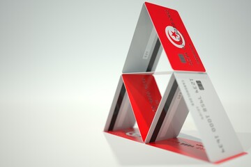 National flag of Tunisia on bank card house, fictional data. Risky financial decisions related 3D rendering