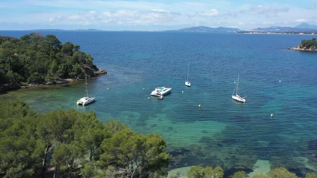 France, Cote d'Azur, Aerial view of Cap Leoube and Estagnole beach located near Bormes les mimosas,