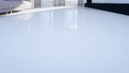 3d rendering of white tile floor with grid line and shiny reflection with clear glass door in perspective view, clean and new condition use to background.
