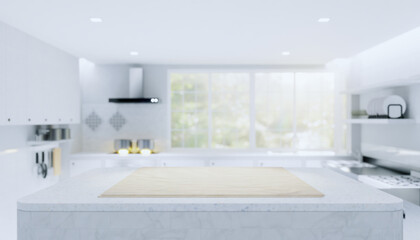 kitchen interior blur background with counter or table. Decoration with marble at top surface and tablecloth look clean and modern. With empty or copy space for mock up or product display. 3d render.