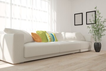 modern room with sofa,plants and frames interior design. 3D illustration