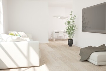 modern room with sofa,tv set, table with chairs and plant interior design. 3D illustration