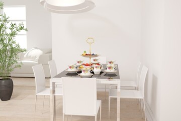 modern room with table,chaits,plate and cups interior design. 3D illustration