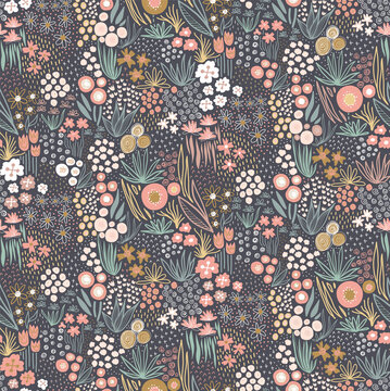 Flower field pastel colors on dark seamless vector pattern. Repeating liberty doodle flower meadow background. Repeating Scandinavian style line art florals. For fabric, wallpaper, home decor