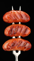 sausages. grilled sausages on fork. black background. 