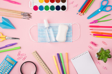 Coronavirus prevention concept. Top above overhead view photo of colorful stationery blue mask soap hand sanitizer and succulent isolated on pastel pink background