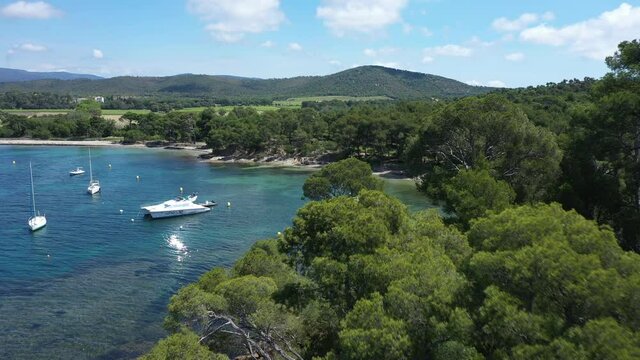 France, Cote d'Azur, Aerial view of Cap Leoube and Estagnole beach located near Bormes les mimosas,