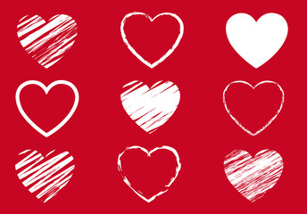 Red Hearts Symbol Set Isolated Red Background, Vector Illustration