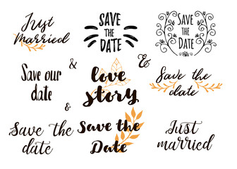 Save the date collection with hand drawn lettering, ampersands and catchwords. Set for design wedding invitations, photo overlays and save the date cards. Wedding inventation lettering set. Vector