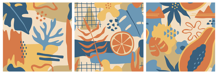 Abstract hand drawn seamless pattern, flowers, colorful shapes and monstera leaves in cartoon doodle style. Vector illustrations. 